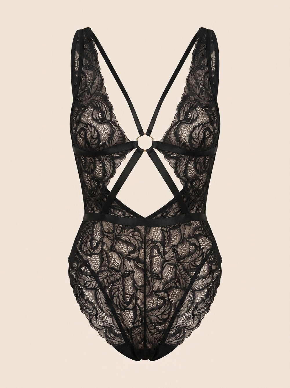 Schwarzer Spitzen-Bodysuit mit transparentem Riemchendesign
