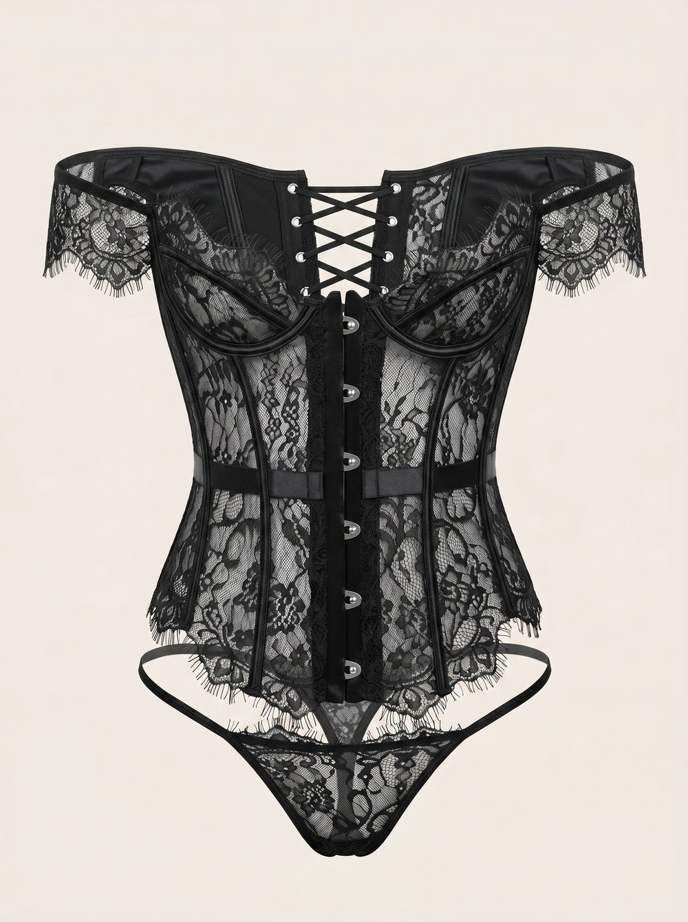 Black Lace Corset with Fishbone Detail and Off-Shoulder Sleeves