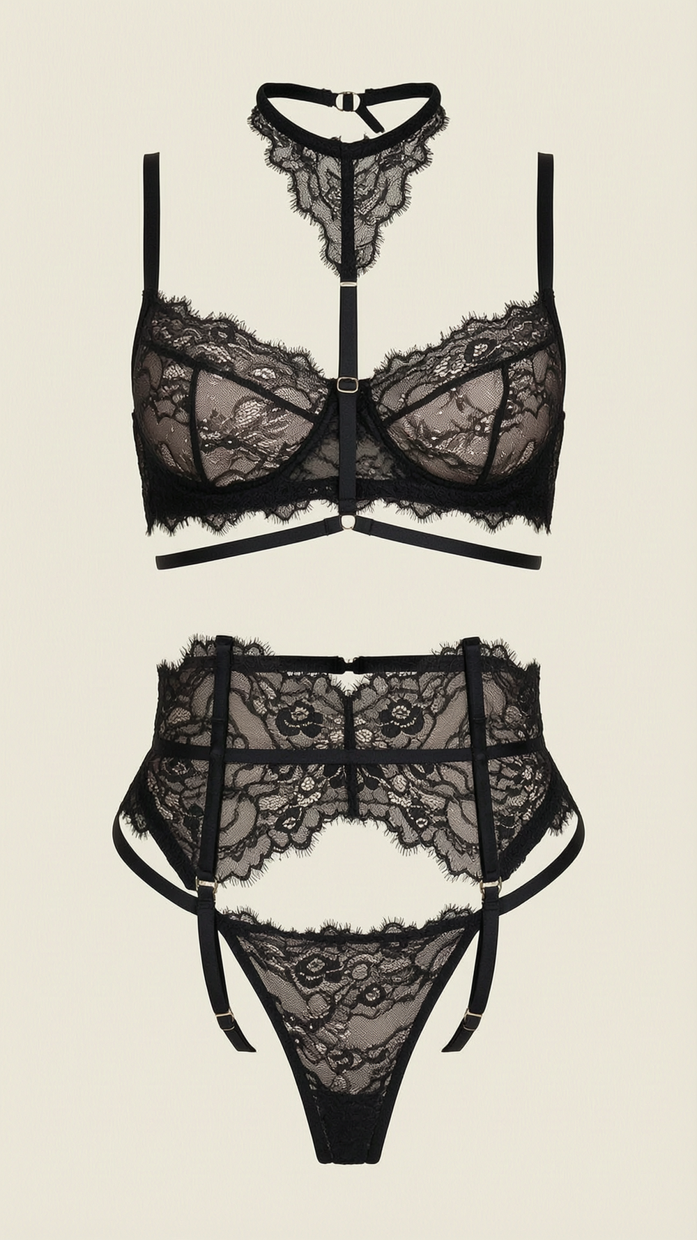 Spitzen-Dessous-Set in Schwarz mit Riemchen-Design