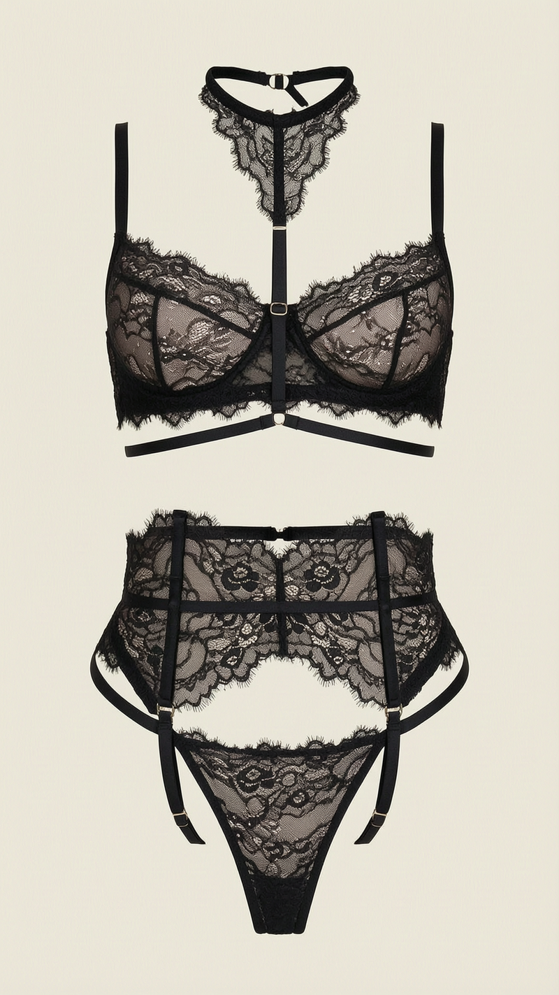 Ensemble de lingerie en dentelle noire avec design à lanières