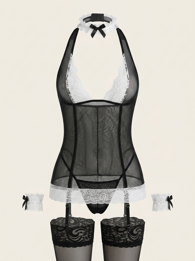 Black Lace Mesh Lingerie Set with Ruffle & Garter Straps