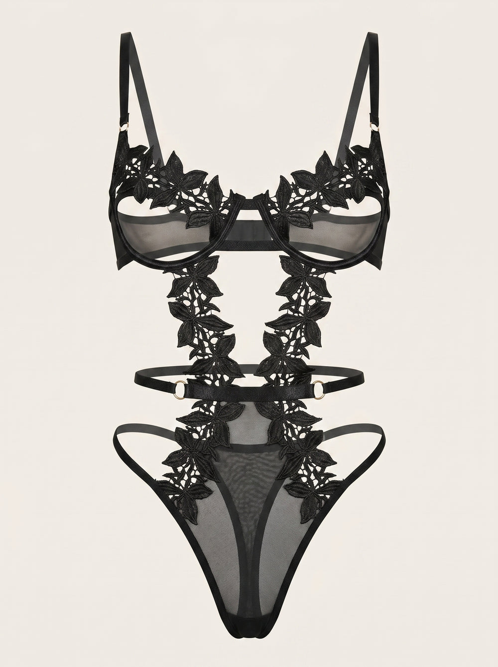 Black Lace Mesh Bodysuit with Strappy Cutout Design