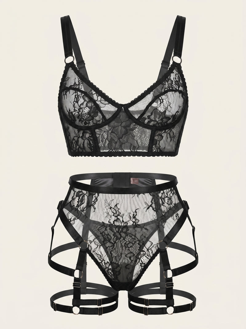 Black Lace Strappy Lingerie Set with Sheer Design