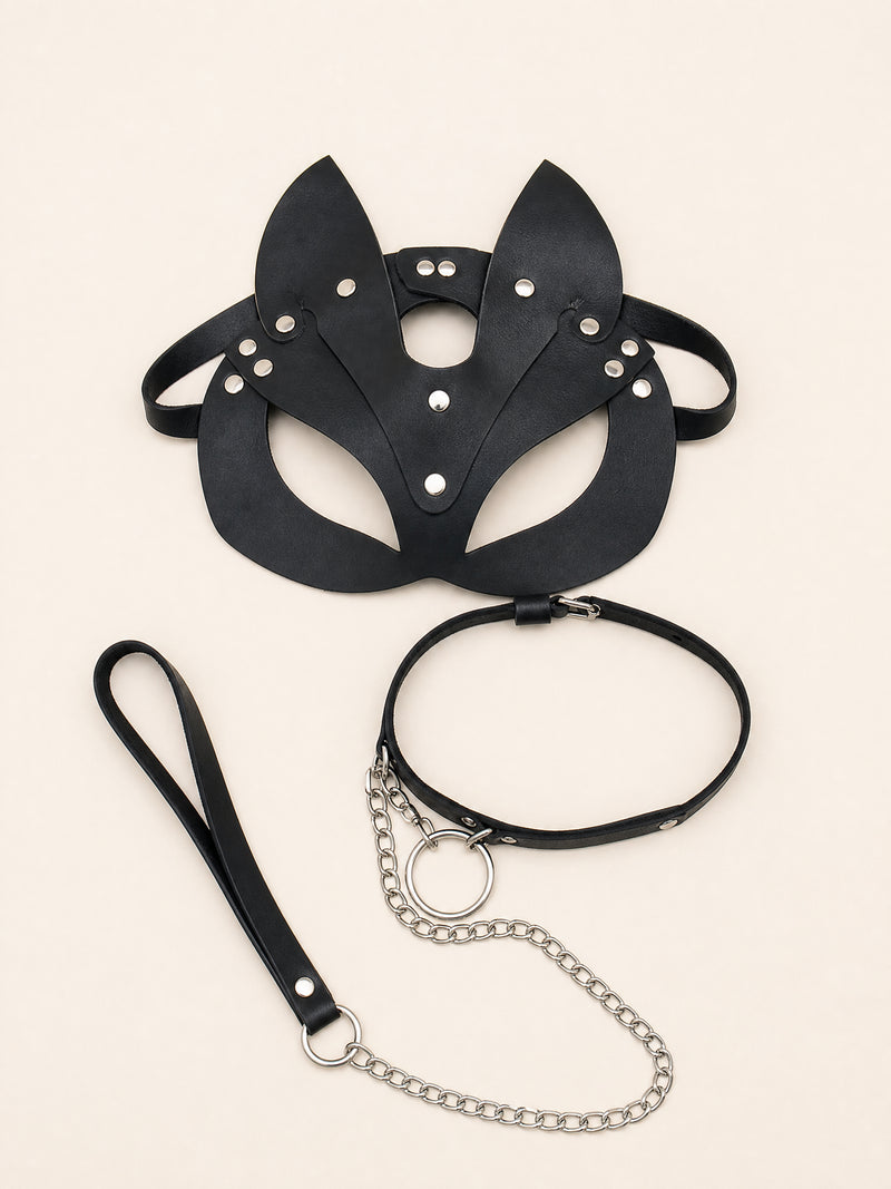 Black Leather Cat Mask and Choker Set with Ears and Chain Detail