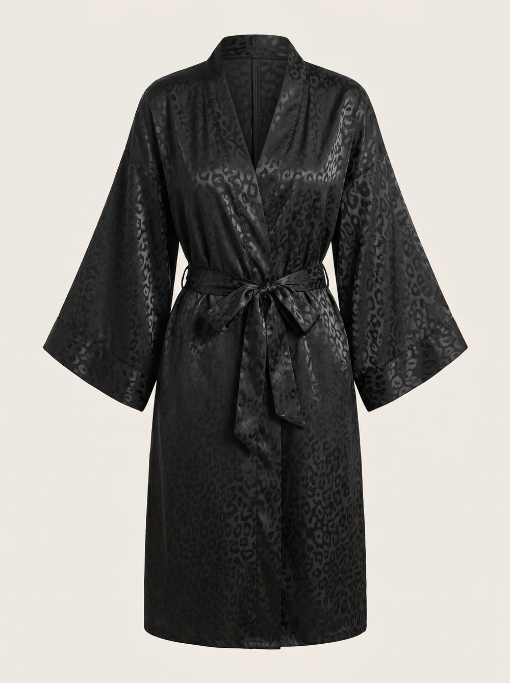 Black Leopard Print Satin Kimono Robe with Glossy Finish