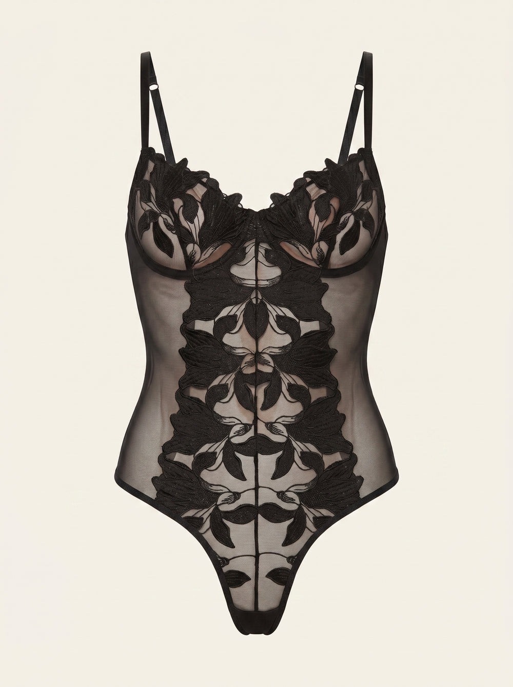 Body in mesh nero con dettaglio in pizzo e spalline