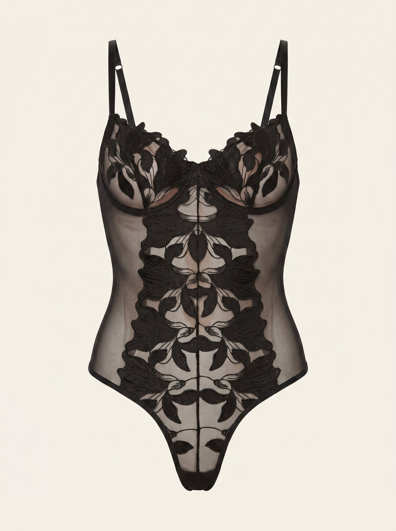 Body in mesh nero con dettaglio in pizzo e spalline