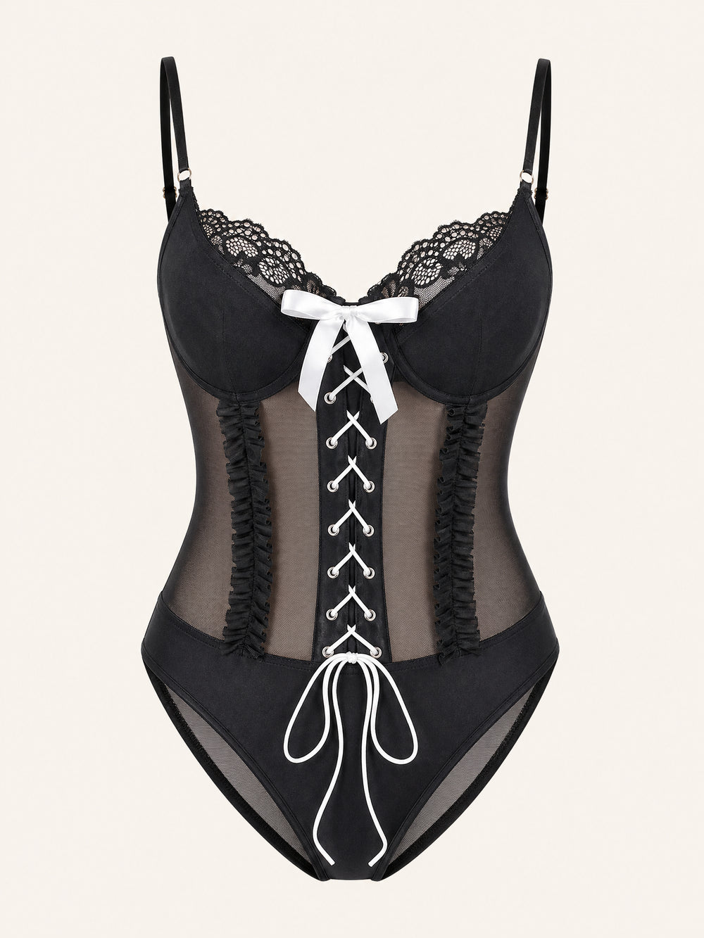 Black Mesh Bodysuit with Lace-Up Bow Detail
