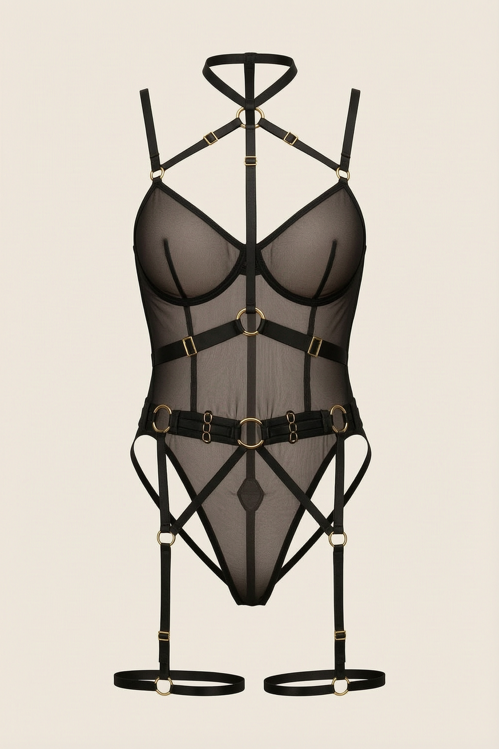 Body nero in rete con dettagli cut-out e cinturini