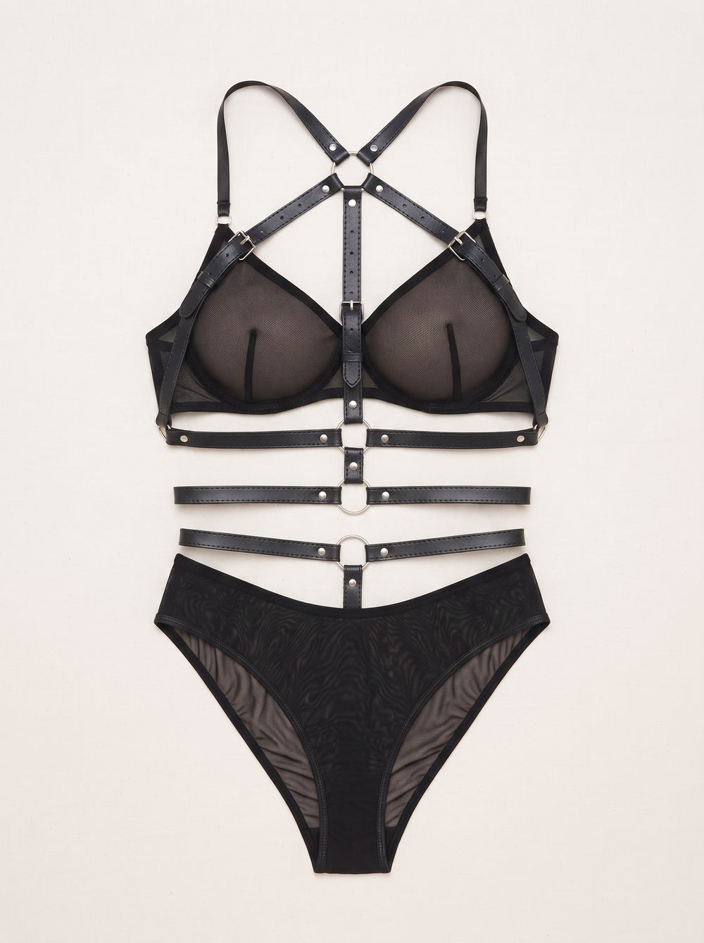Schwarzes Mesh-Dessous-Set mit Riemchen- und Harness-Detail