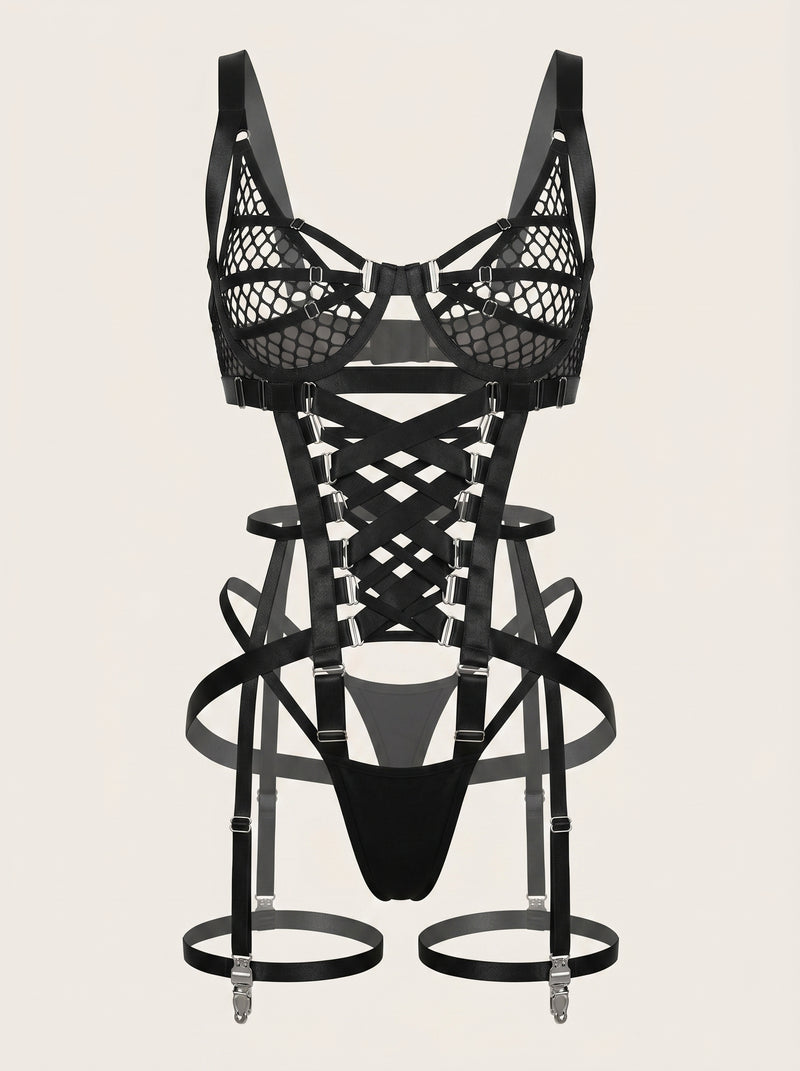Schwarzer Mesh-Bodysuit mit transparentem Riemchen-Design