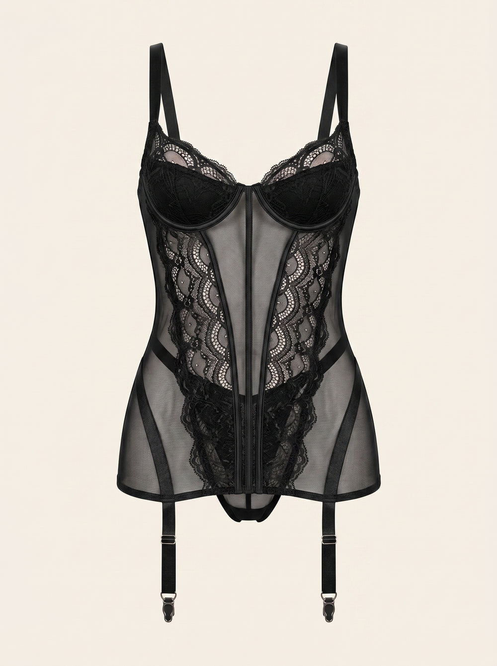 Schwarzes Mesh-Korsett mit Spitzenbesatz und Strumpfhaltern