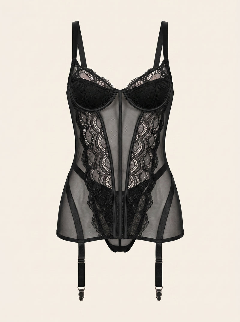 Black Mesh Corset with Lace Overlay and Garter Straps