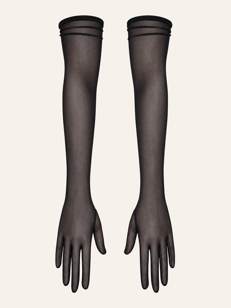 Schwarze ellenbogenlange Mesh-Handschuhe mit transparenter Textur