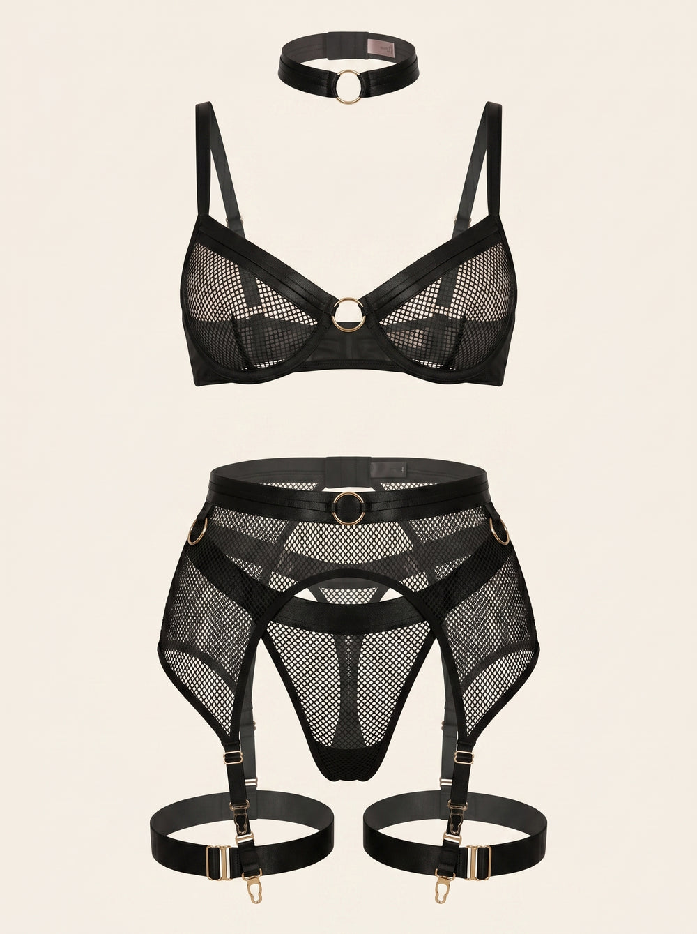 Schwarzes Mesh-Dessous-Set mit Riemchen- und Cut-out-Design