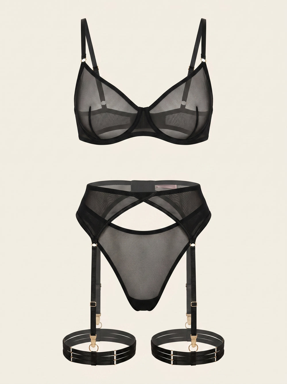 Schwarzes Mesh-Dessous-Set mit transparenten Riemchen-Details