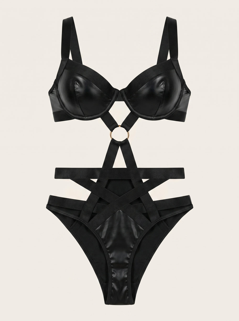 Schwarzes Satin-Dessous-Set mit Riemchen- und Cut-Out-Design