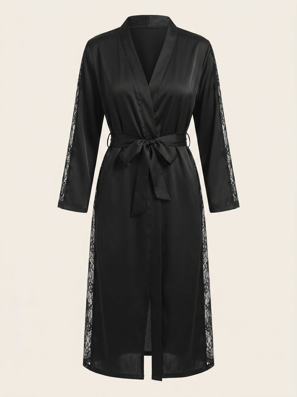 Black Satin Kimono Robe with Lace Trim