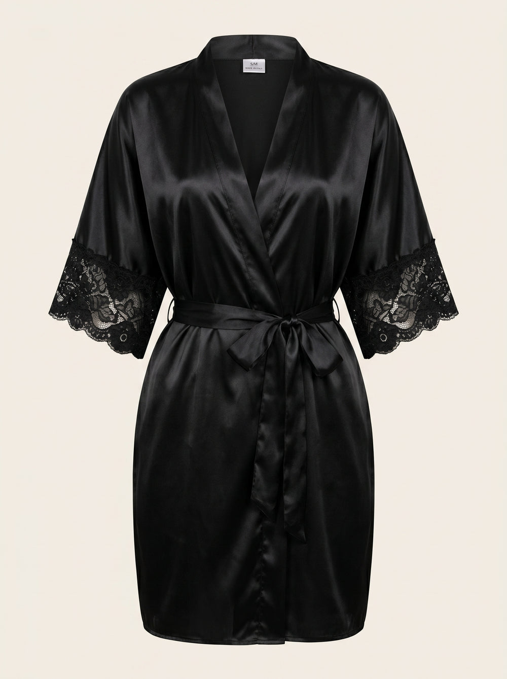 Schwarzer Satin-Kimonomantel mit transparenter Spitze