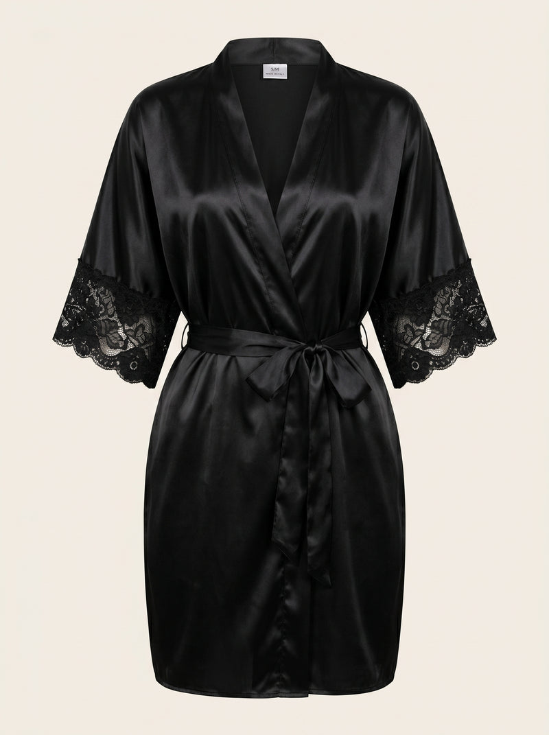 Schwarzer Satin-Kimonomantel mit transparenter Spitze