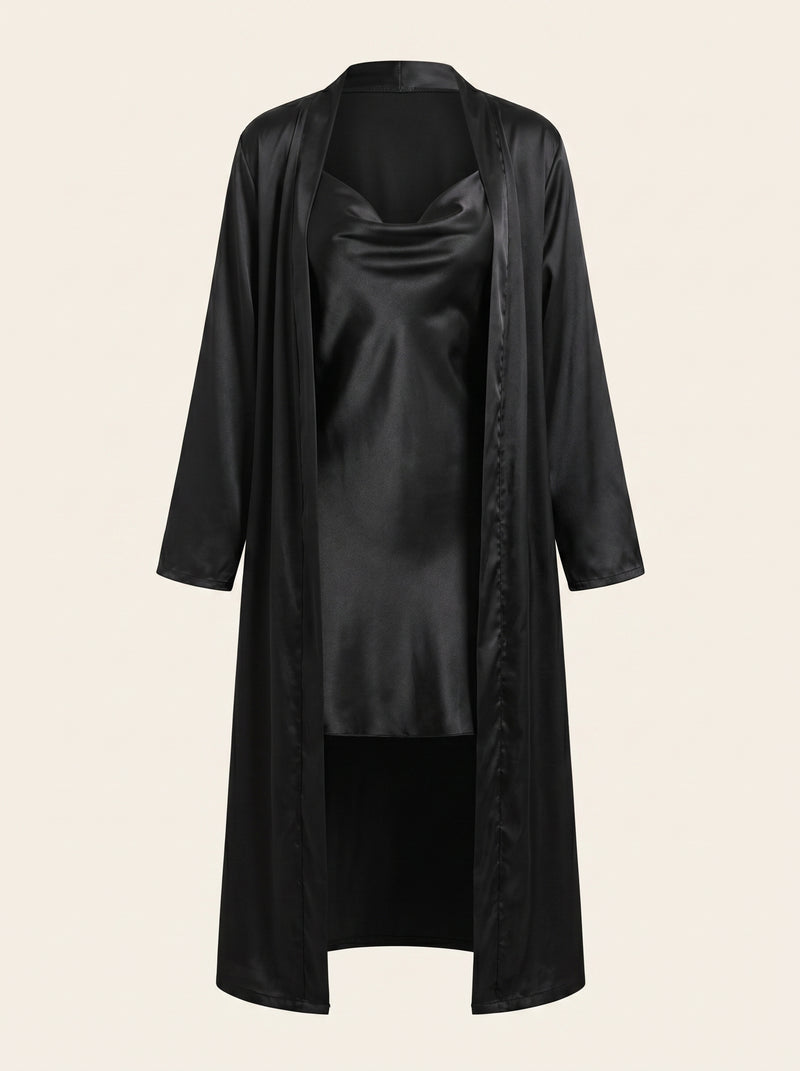 Black Satin Robe and Nightgown Set with Tie Belt