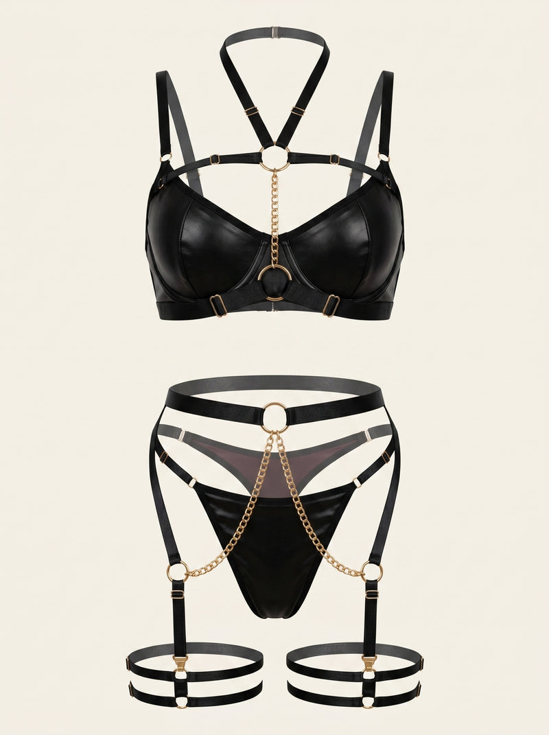 Black Satin Lingerie Set with Chain Detail