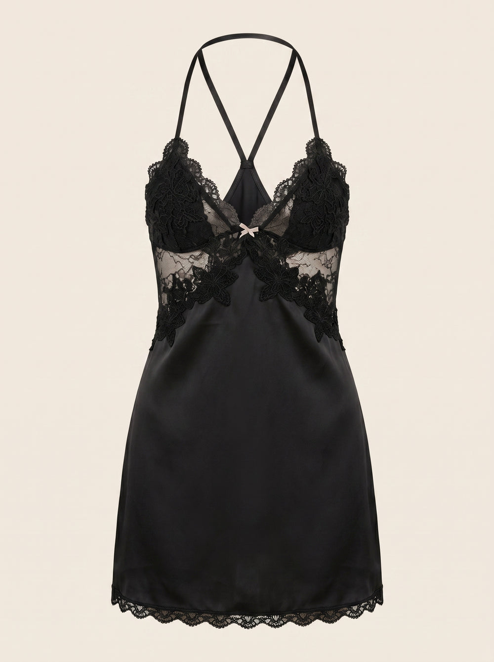 Schwarzes Satin-Nachthemd mit Spitze und transparenten Details