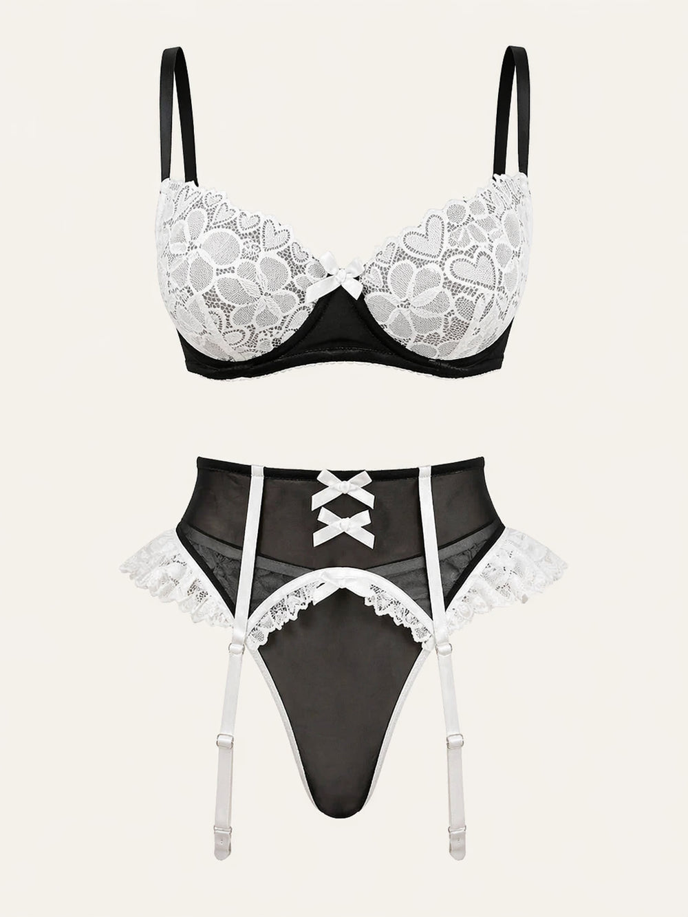 Black & White Lace Lingerie Set with Ruffle Detail