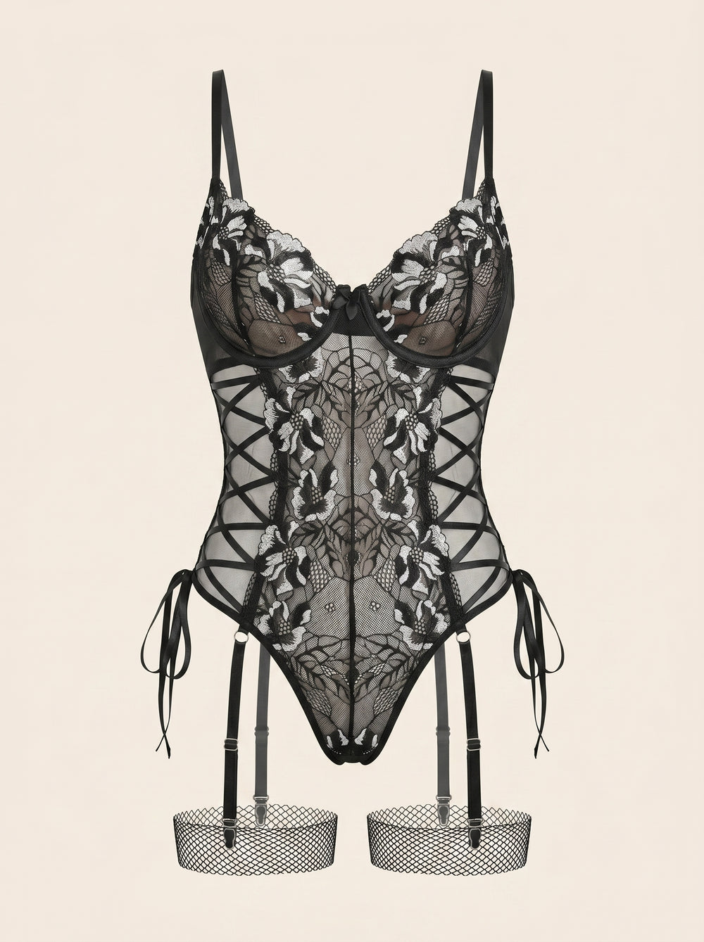 Black and White Lace Bodysuit with Lace-Up Sides