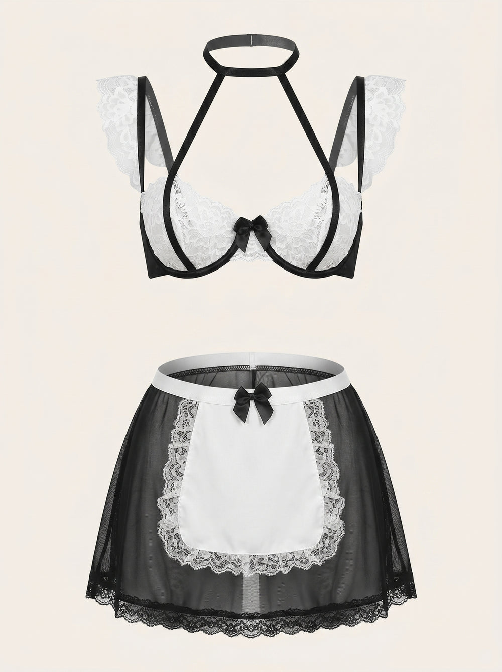 Black and White Lace Lingerie Set with Sheer Strappy Detail