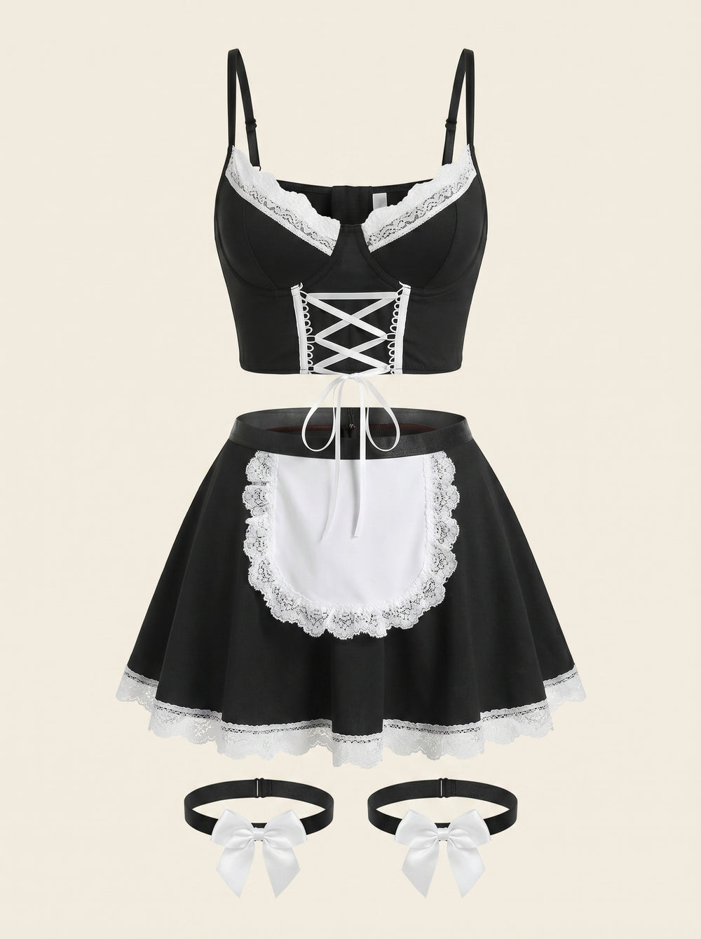 Black and White Polyester Lingerie Set with Lace Trim