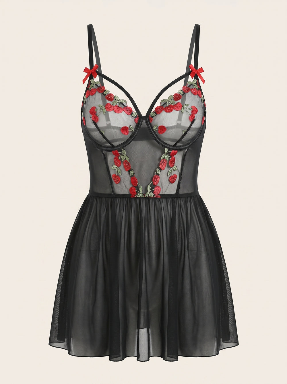 Camicia da notte in tulle nero con ricami floreali rossi e dettaglio con fiocco