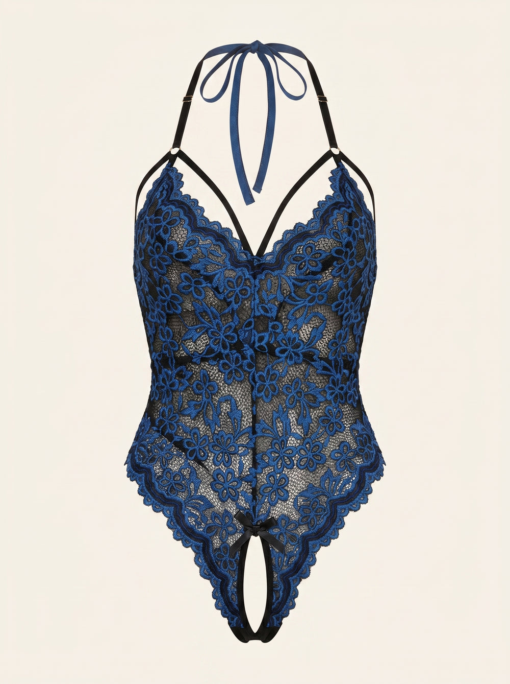 Body in pizzo blu floreale con dettagli con strappy