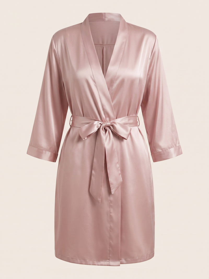 Blush Pink Satin Kimono Robe with Self-Tie Belt