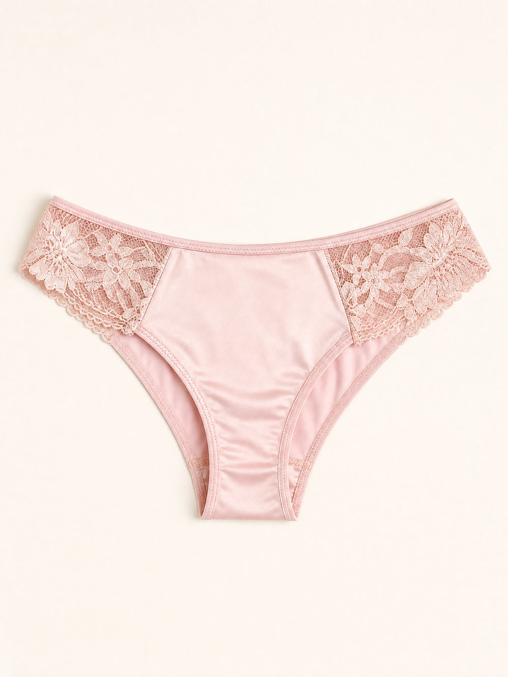 Blush Pink Satin Brief with Floral Lace Detail