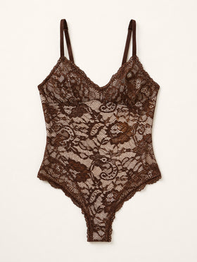 Brown Floral Lace Bodysuit with Scalloped Edges-Bodysuit-Bellascena-bellascena