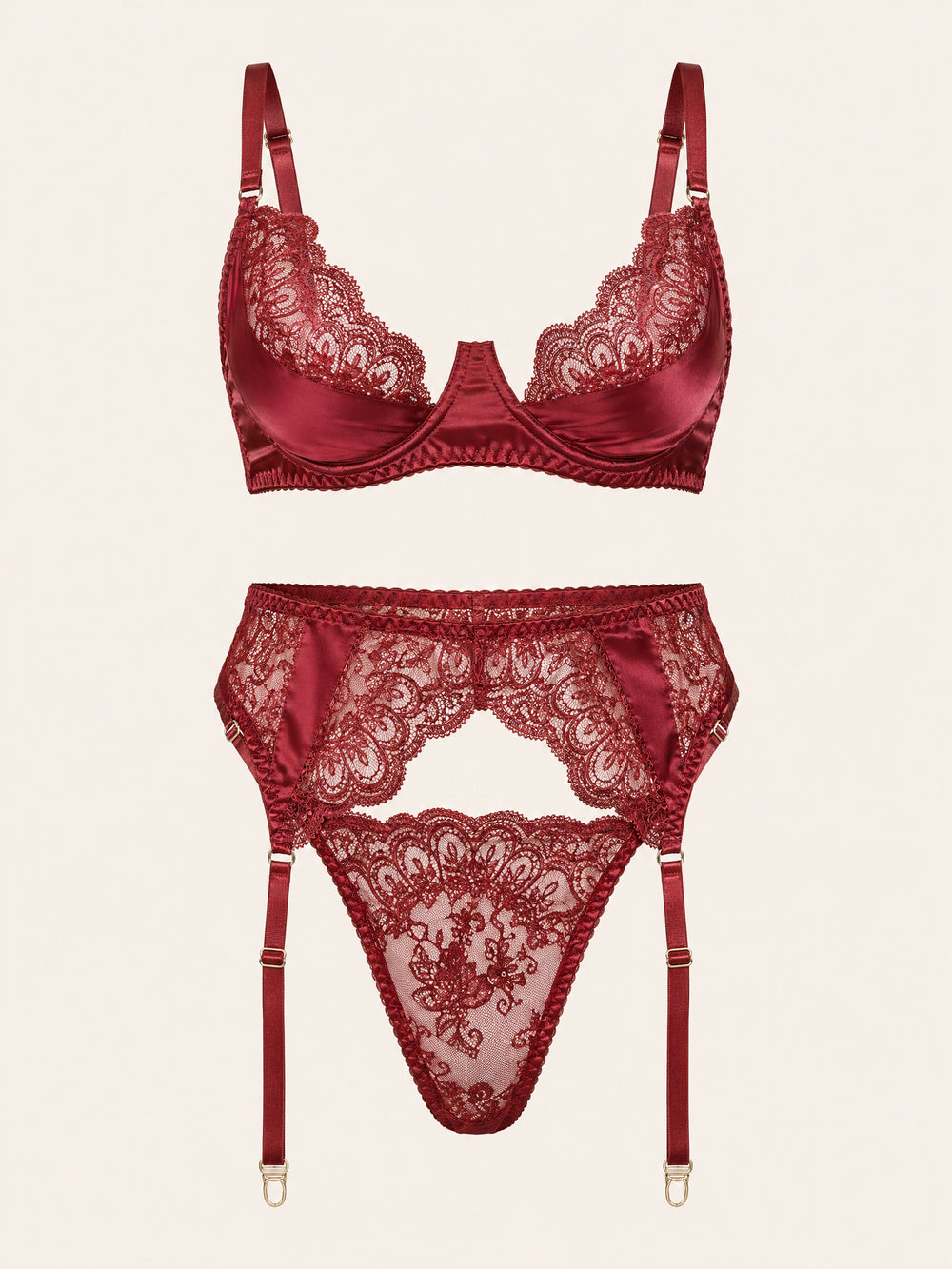 Completo intimo in pizzo bordeaux con eleganti dettagli a stringhe
