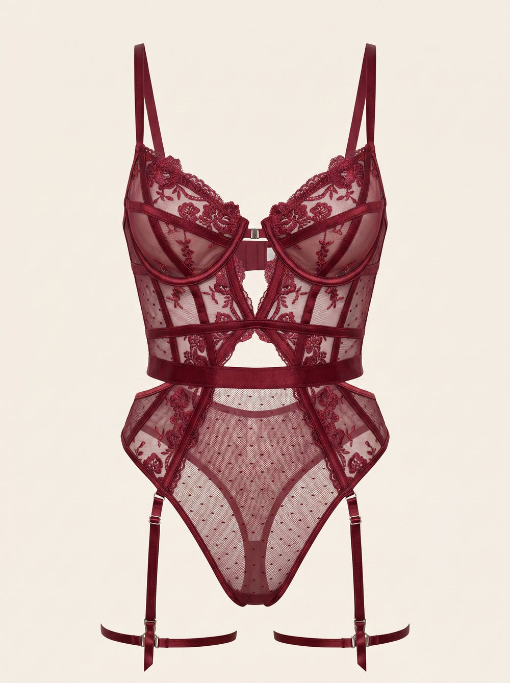 Burgundy Mesh Bodysuit with Lace Detail