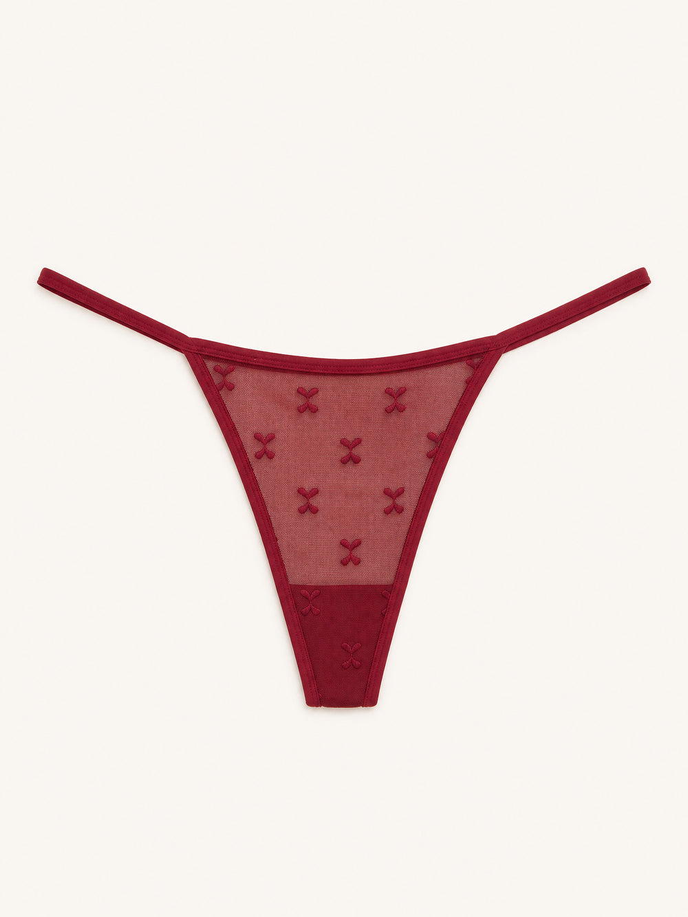 Burgundy Mesh Thong with Embroidered Straps