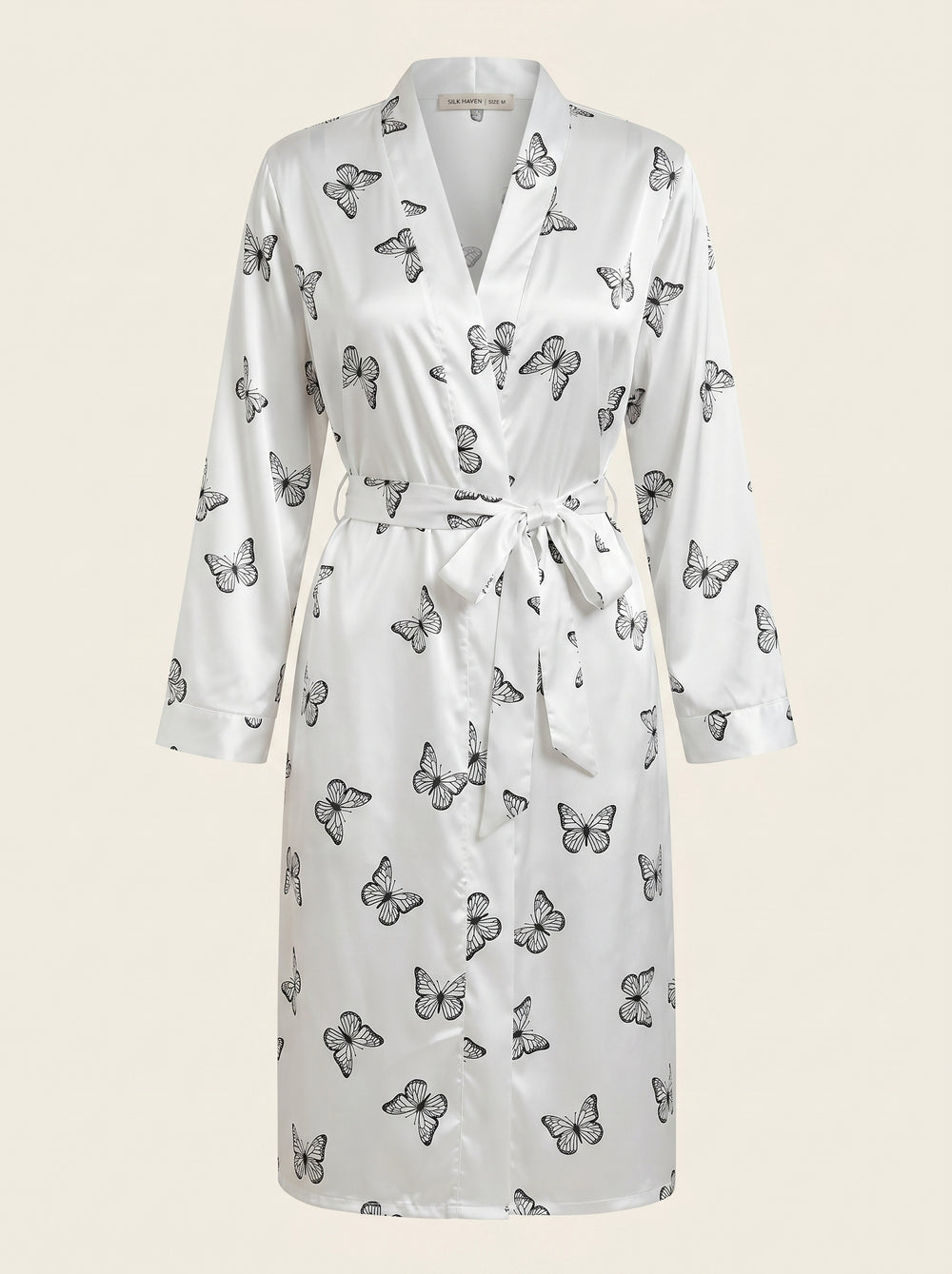Butterfly Print Satin Kimono Robe with Tie Belt