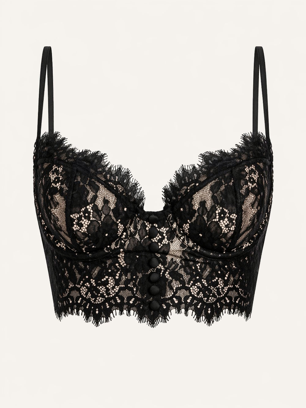 Button Detail Black Lace Bra with Sheer Strappy Design