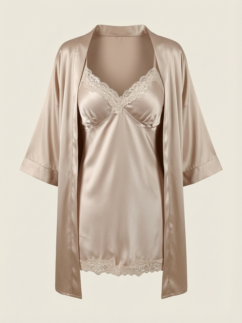 Champagne Satin Robe and Nightgown Set with Lace Trim