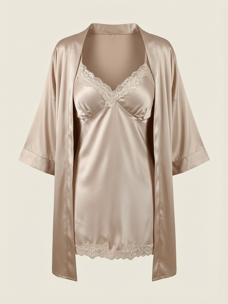 Set di vestaglia e camicia da notte in raso color champagne con bordi in pizzo