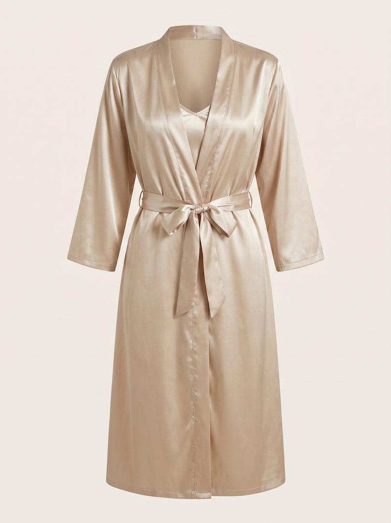 Vestaglia kimono in raso color champagne con maniche lunghe