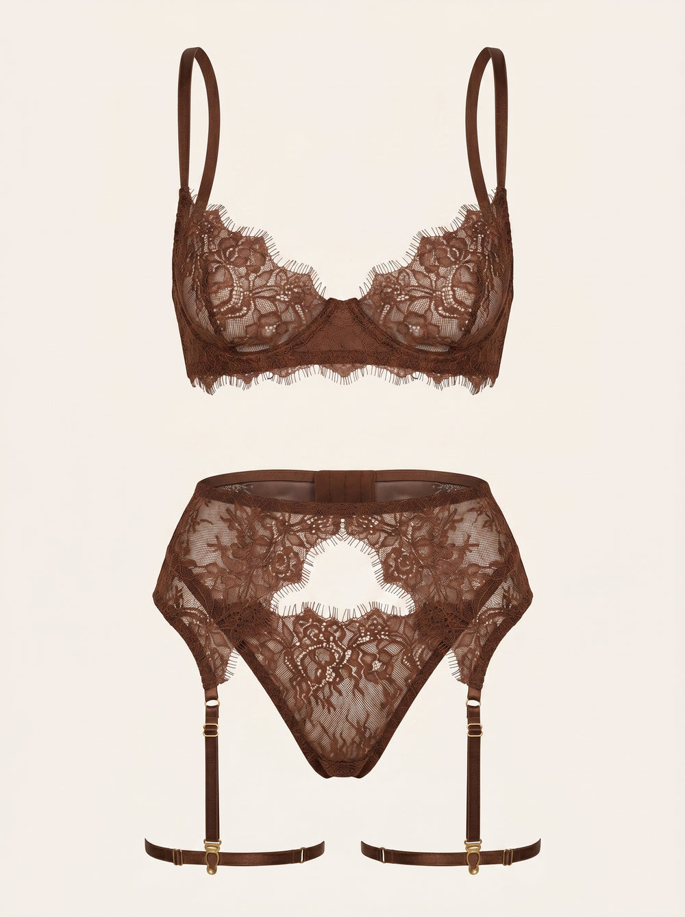 Completo intimo in pizzo marrone cioccolato con dettaglio a stringhe