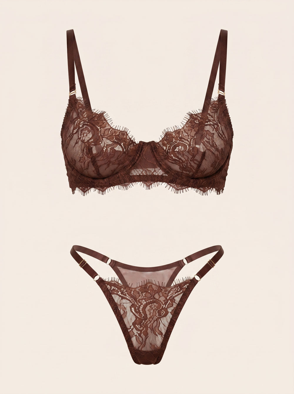 Set di lingerie in pizzo marrone cioccolato con design trasparente con strappy