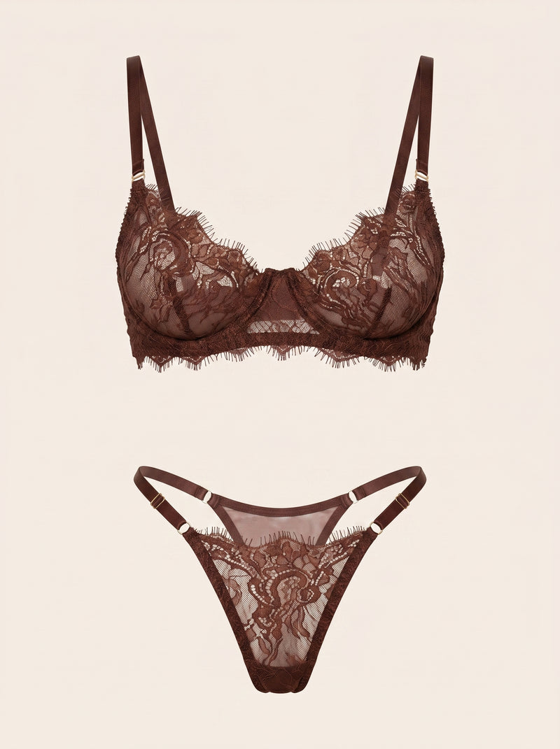 Ensemble de lingerie en dentelle marron chocolat avec design transparent à lanières