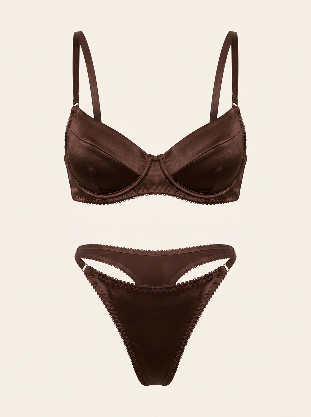 Completo intimo in raso marrone cioccolato con bordi smerlati