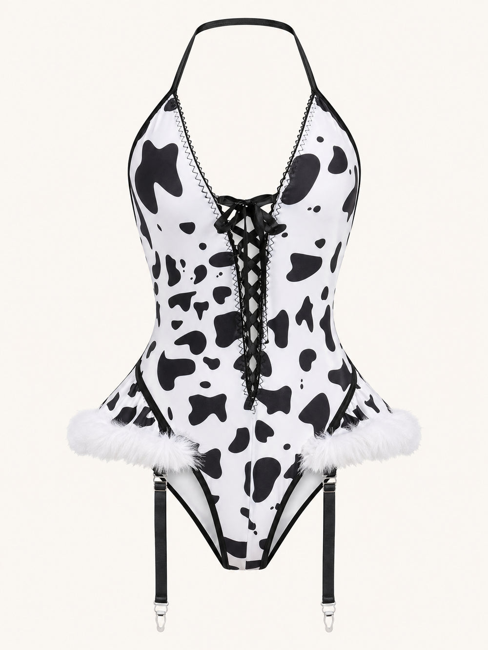 Cow Print Satin Bodysuit with Lace-Up Front