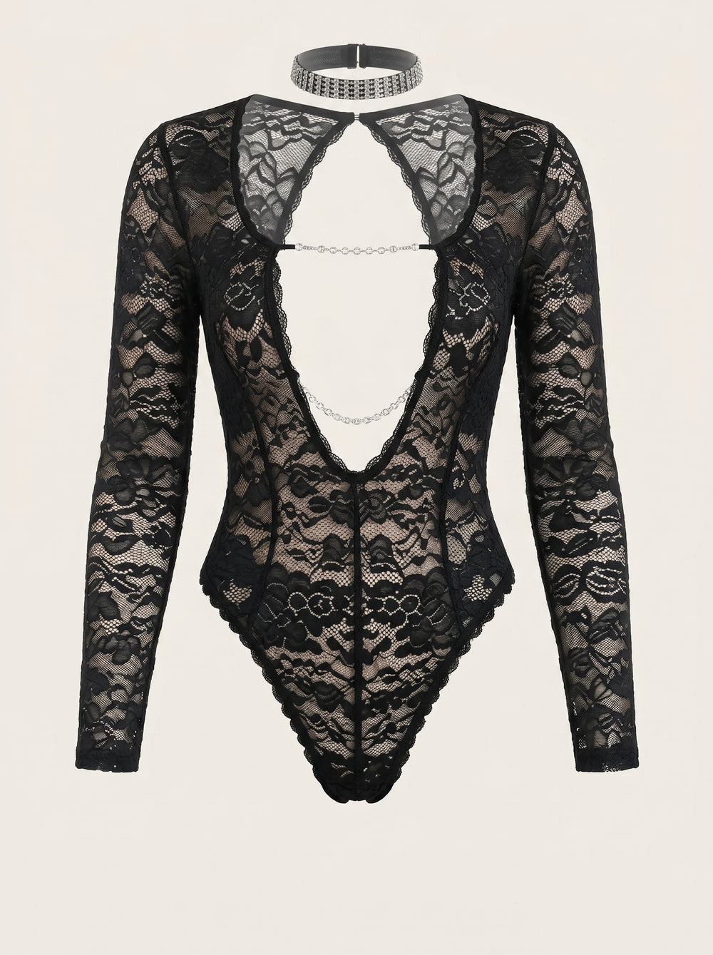 Cutout Black Lace Bodysuit with Chain Detail